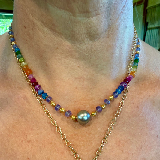 Tahitian Pearl, tanzanite, rainbows and gold
