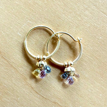 Golden Droplet Hoops with Pastel Sapphires, Baby (15mm)