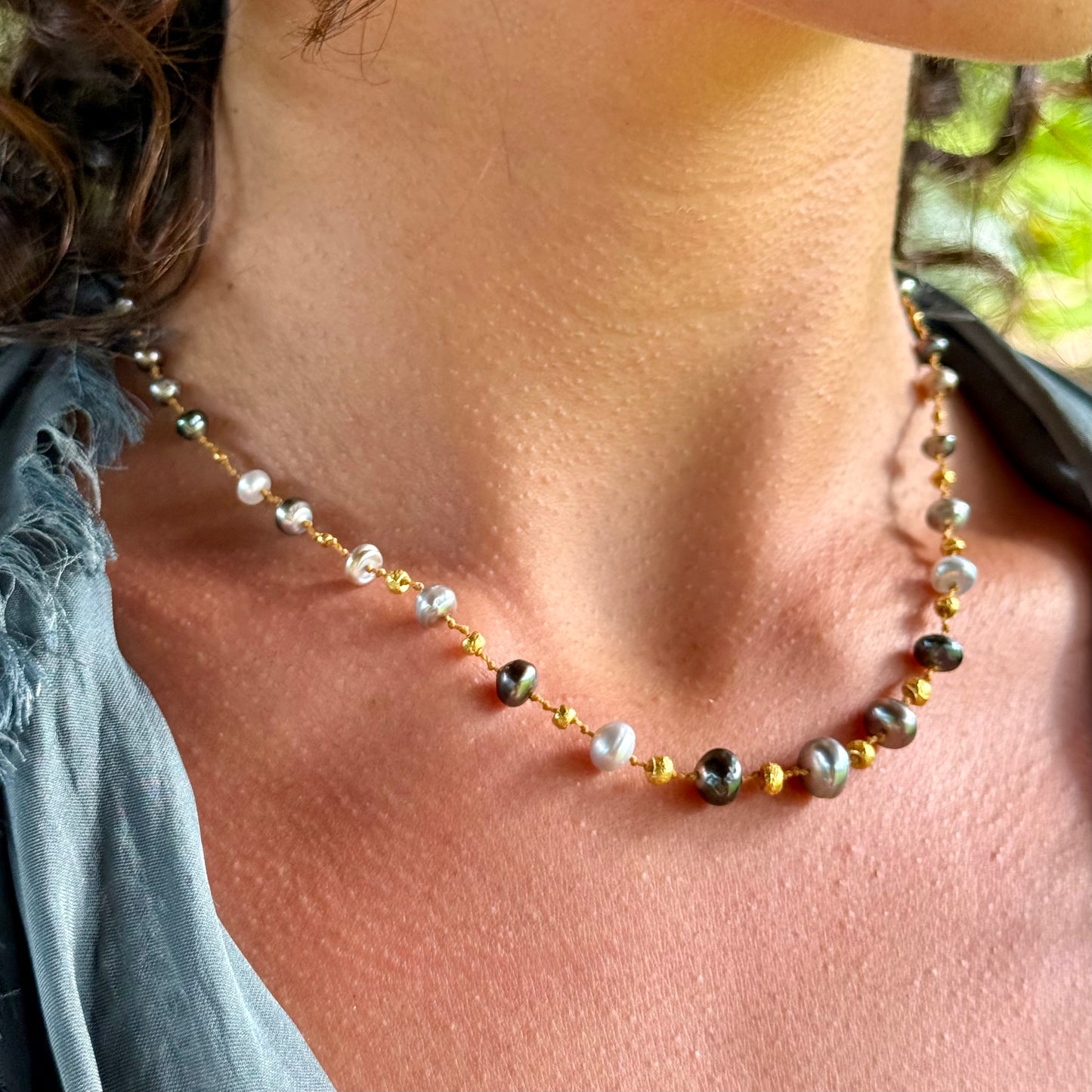 Tahitian Keshi Rondelles & Gold Necklet