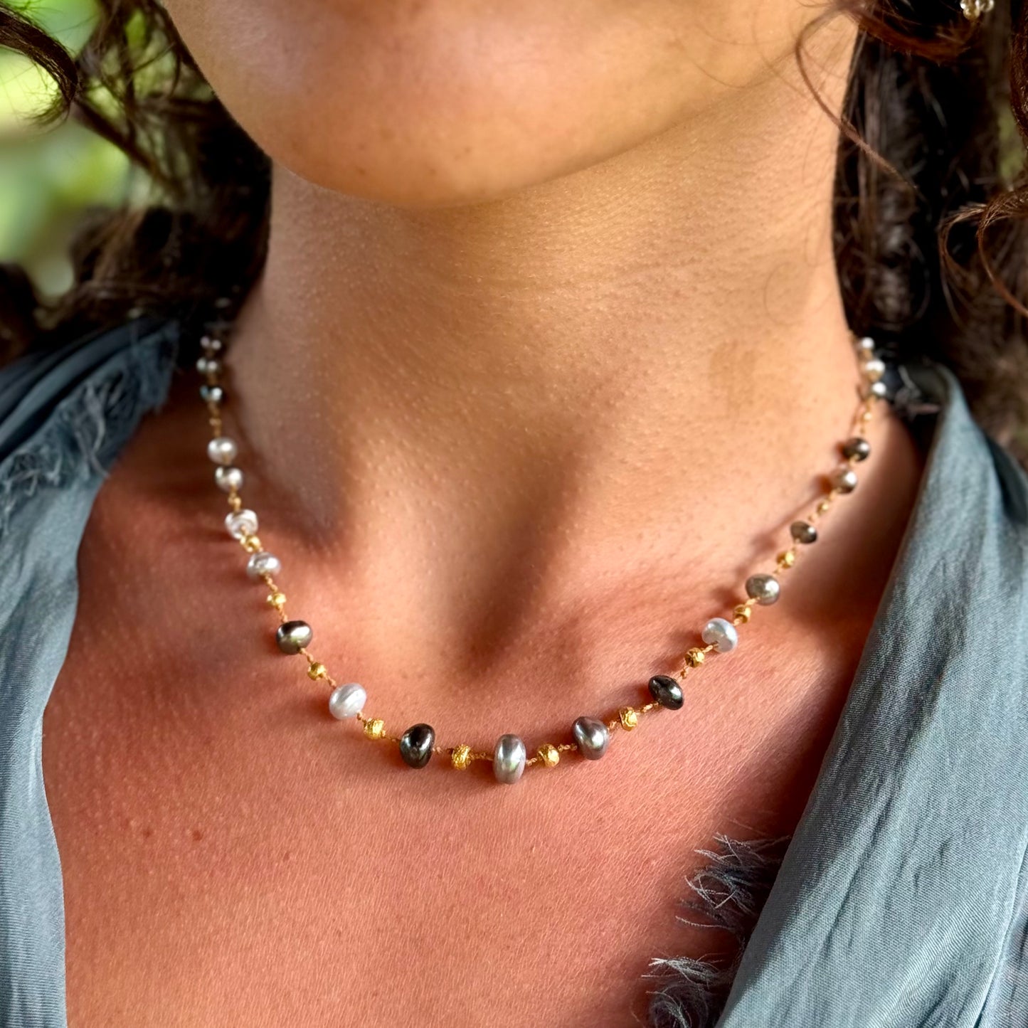 Tahitian Keshi Rondelles & Gold Necklet