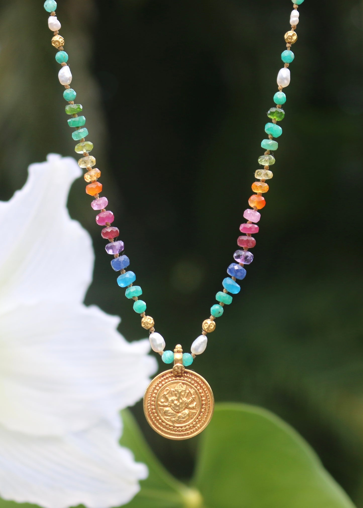 Keshi Pearl with Gold Ganesha and Amazonite Rainbow Mana