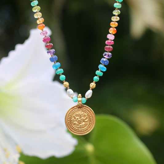 Keshi Pearl with Gold Ganesha and Amazonite Rainbow Mana