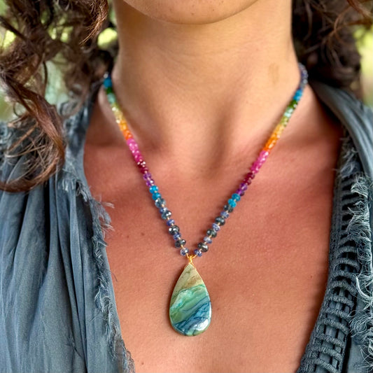 Fossilized Wood Opal with Blue & Indigo Kyanite Rainbow Mana