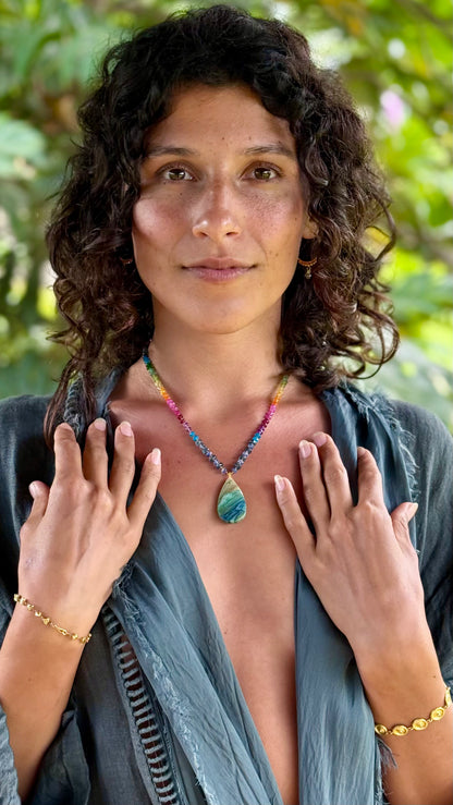 Fossilized Wood Opal with Blue & Indigo Kyanite Rainbow Mana