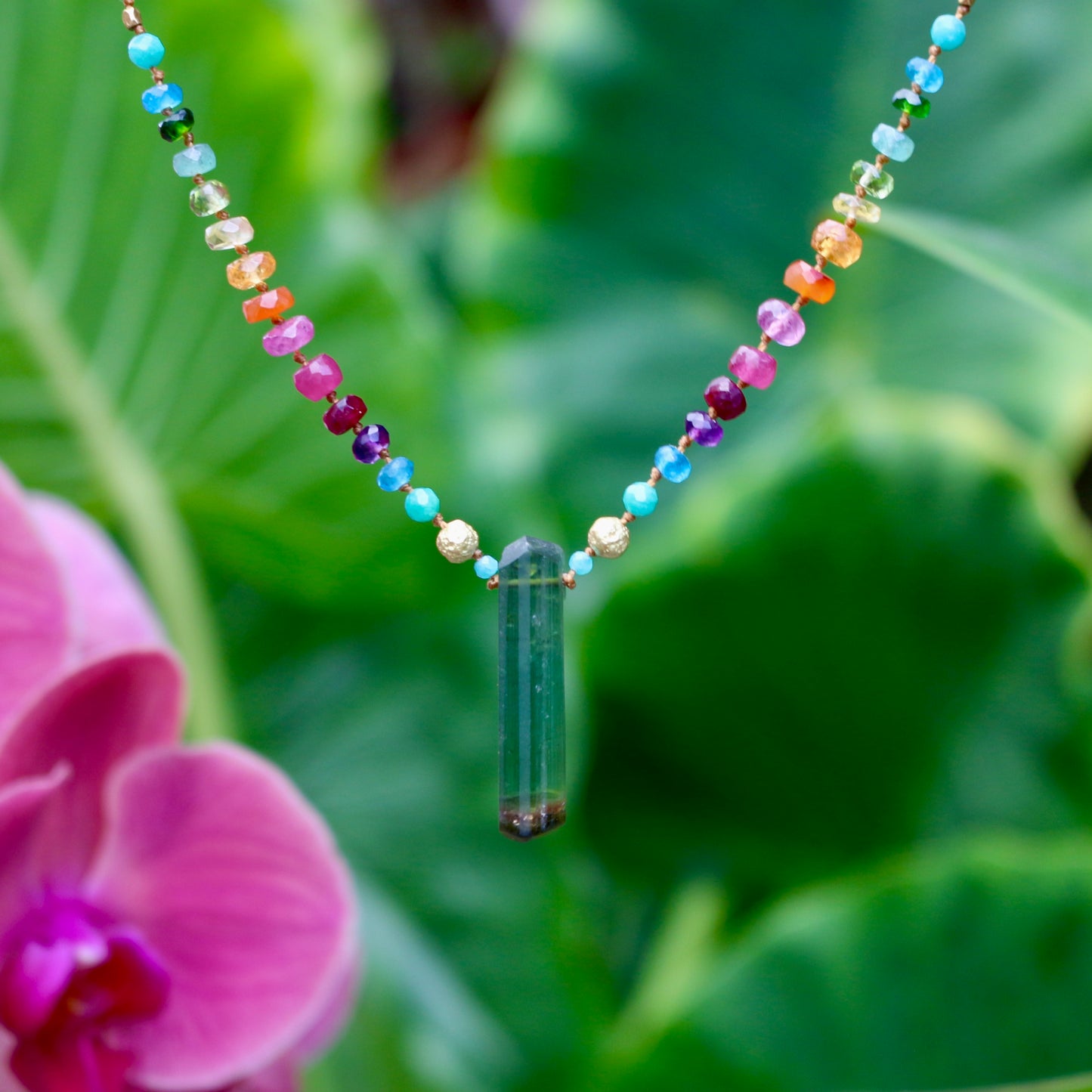 Green Tourmaline with Gold & Amazonite Rainbow Mana