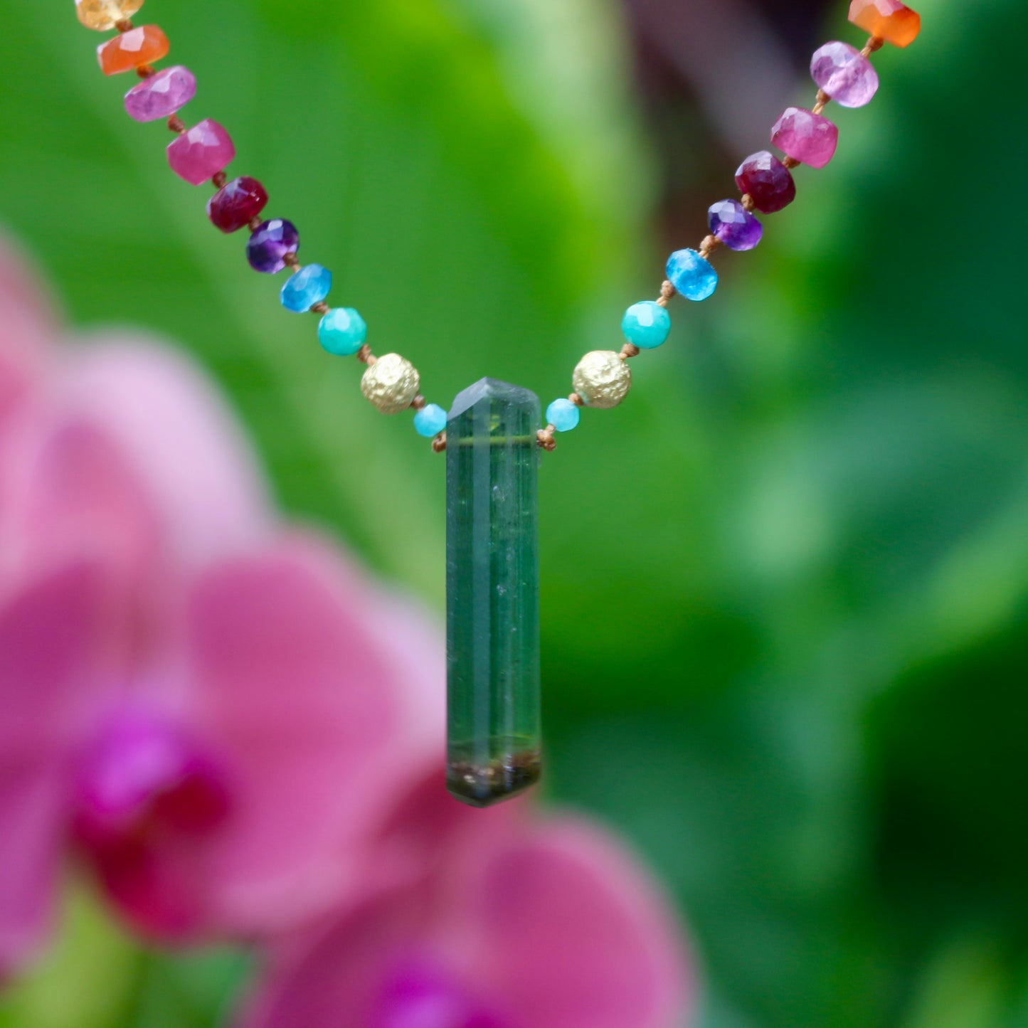 Green Tourmaline with Gold & Amazonite Rainbow Mana