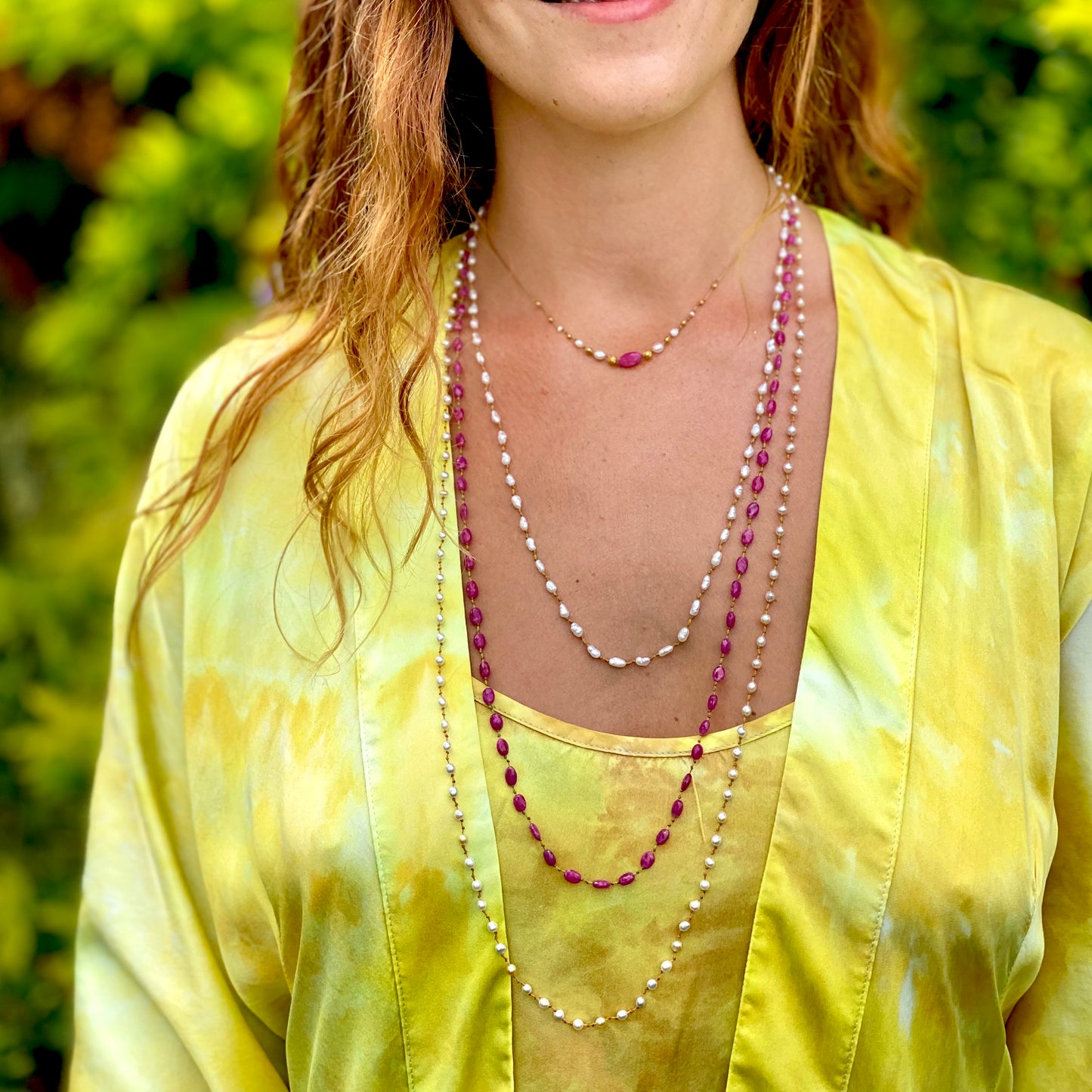 Pink Sapphire with South Sea Keshi & Gold Accent Strand