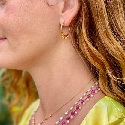 Hand-Hammered Golden Beaded Hoops