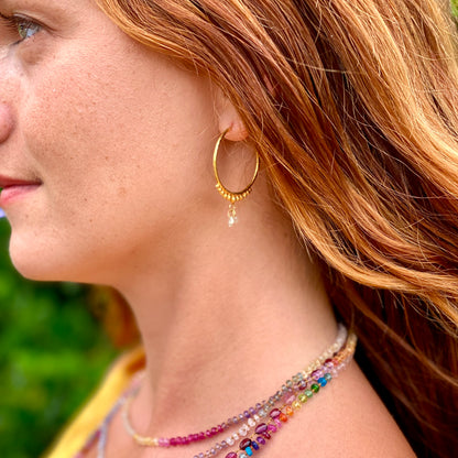 Hand-Hammered Golden Droplet Hoops with Light Diamonds