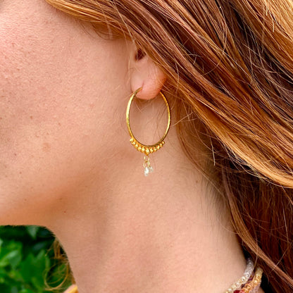 Hand-Hammered Golden Droplet Hoops with Light Diamonds
