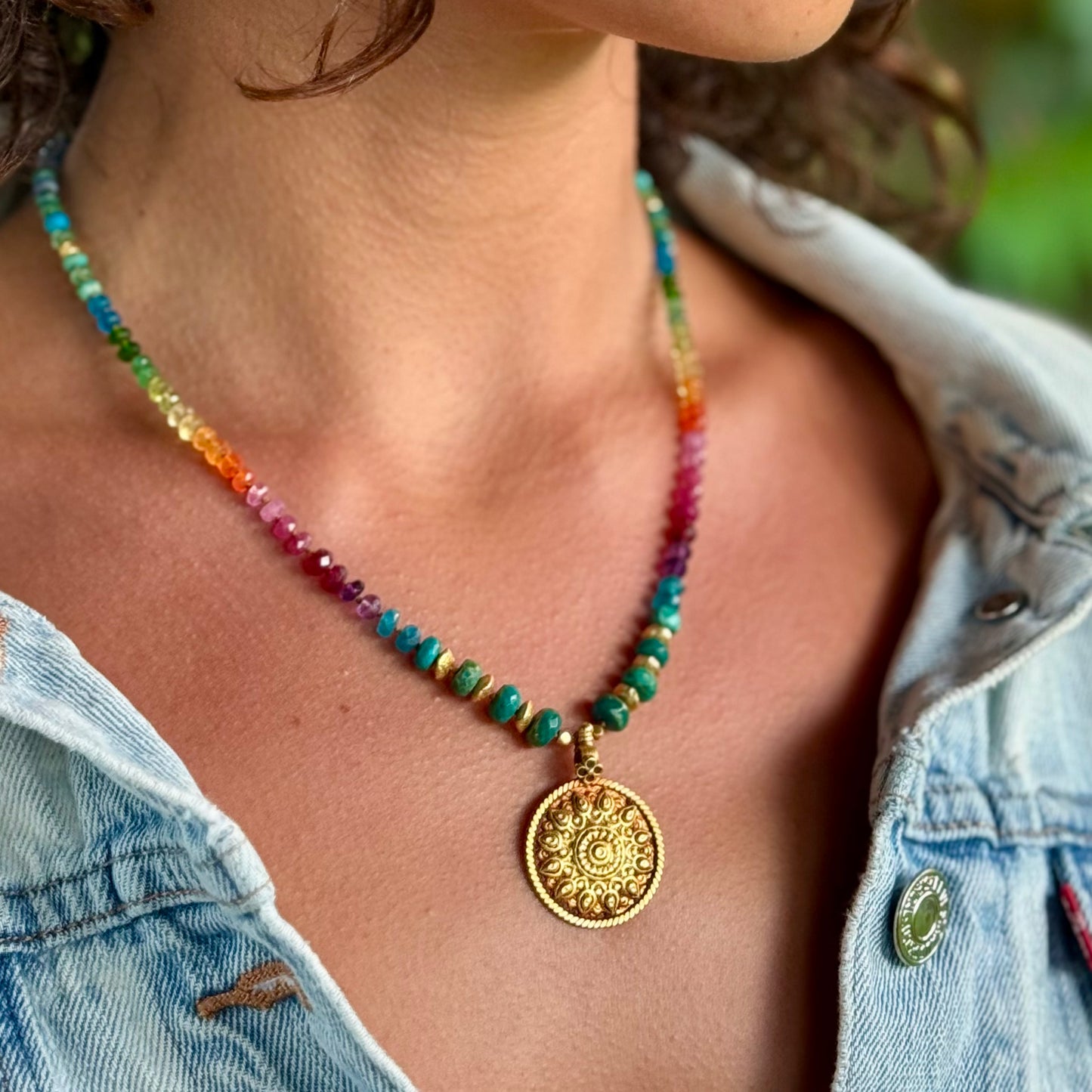 Gold Surya Mandala with Chrysocolla & Gold Rainbow Mana