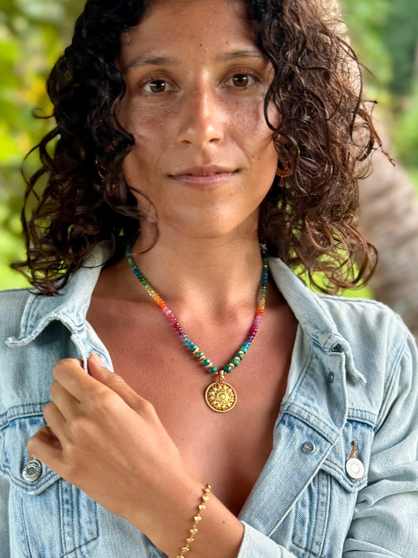 Gold Surya Mandala with Chrysocolla & Gold Rainbow Mana