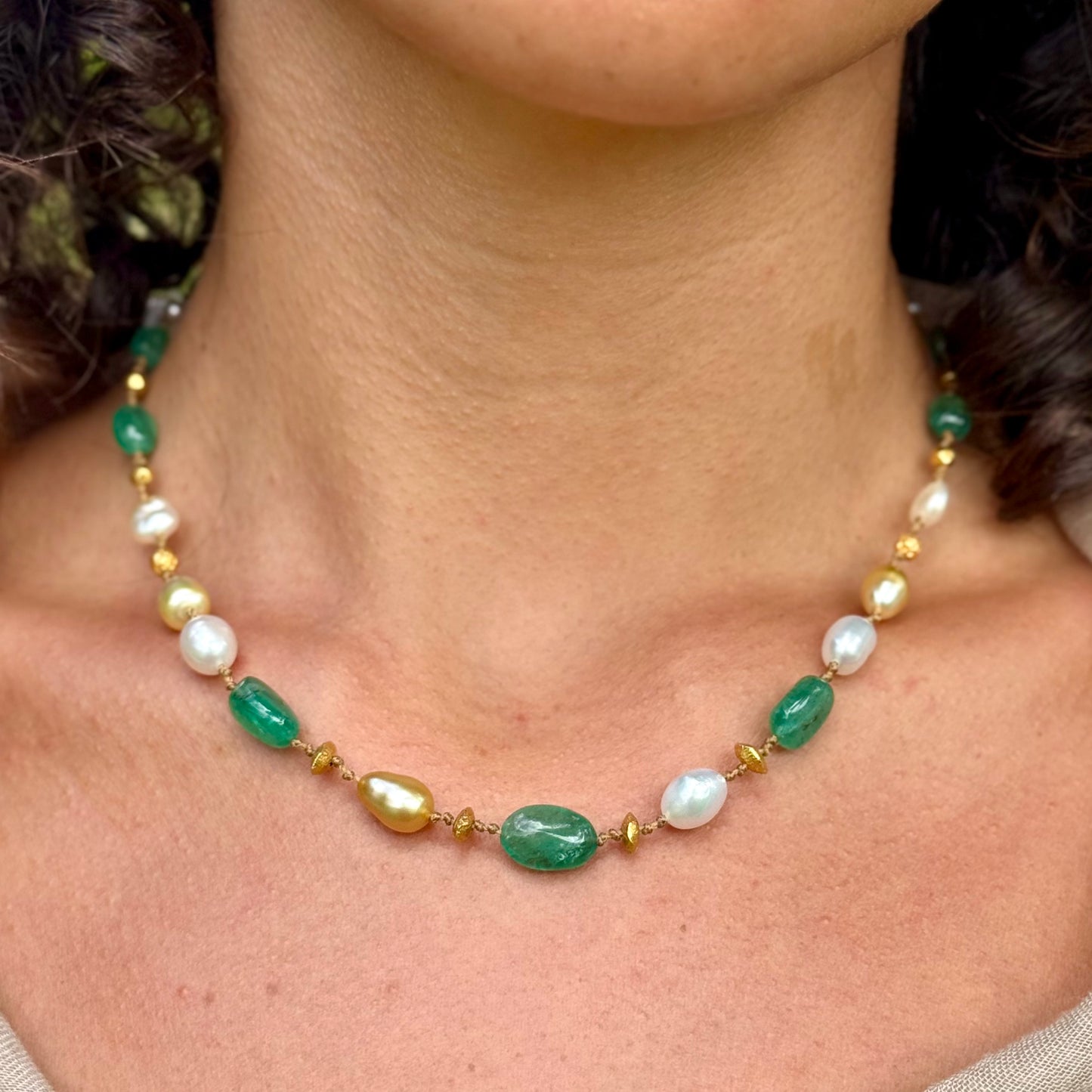 Zambian Emerald with South Sea Keshi & Gold