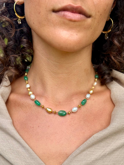 Zambian Emerald with South Sea Keshi & Gold