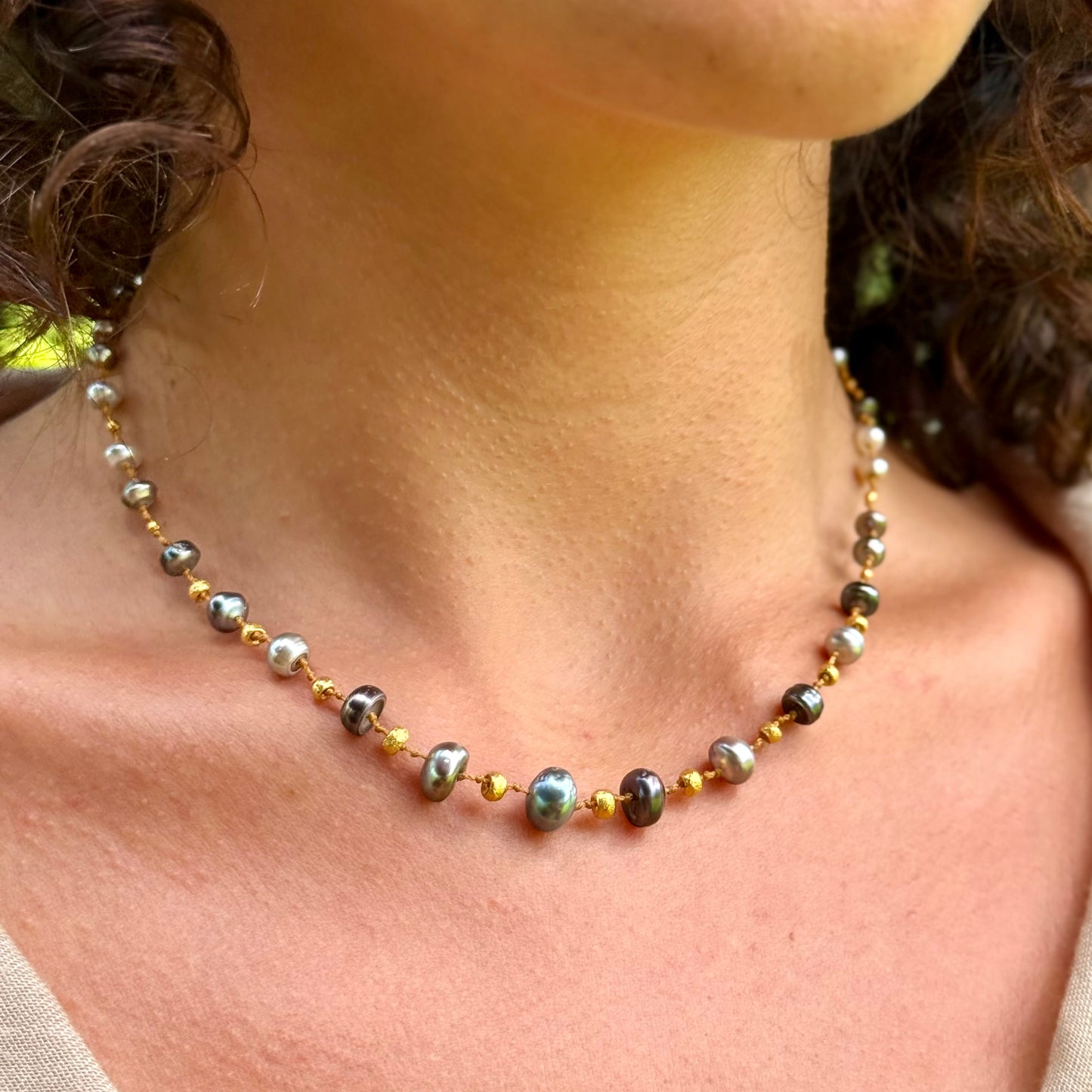 Tahitian Keshi Rondelles & Gold Necklet
