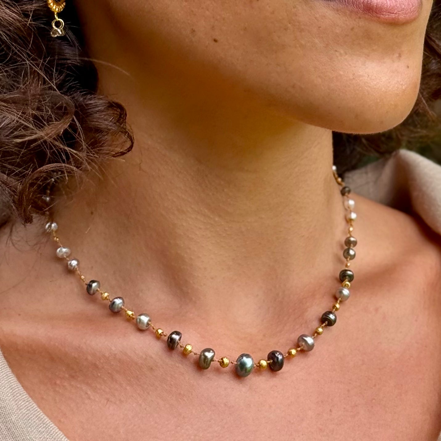 Tahitian Keshi Rondelles & Gold Necklet