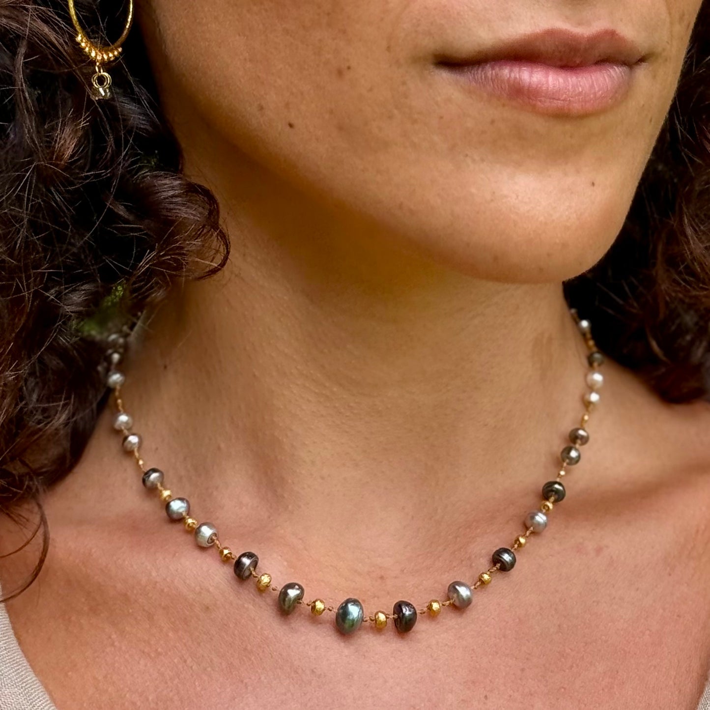 Tahitian Keshi Rondelles & Gold Necklet