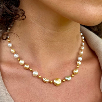 Golden South Sea Keshi Pearls & Gold Necklet