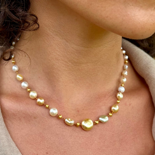 Golden South Sea Keshi Pearls & Gold Necklet