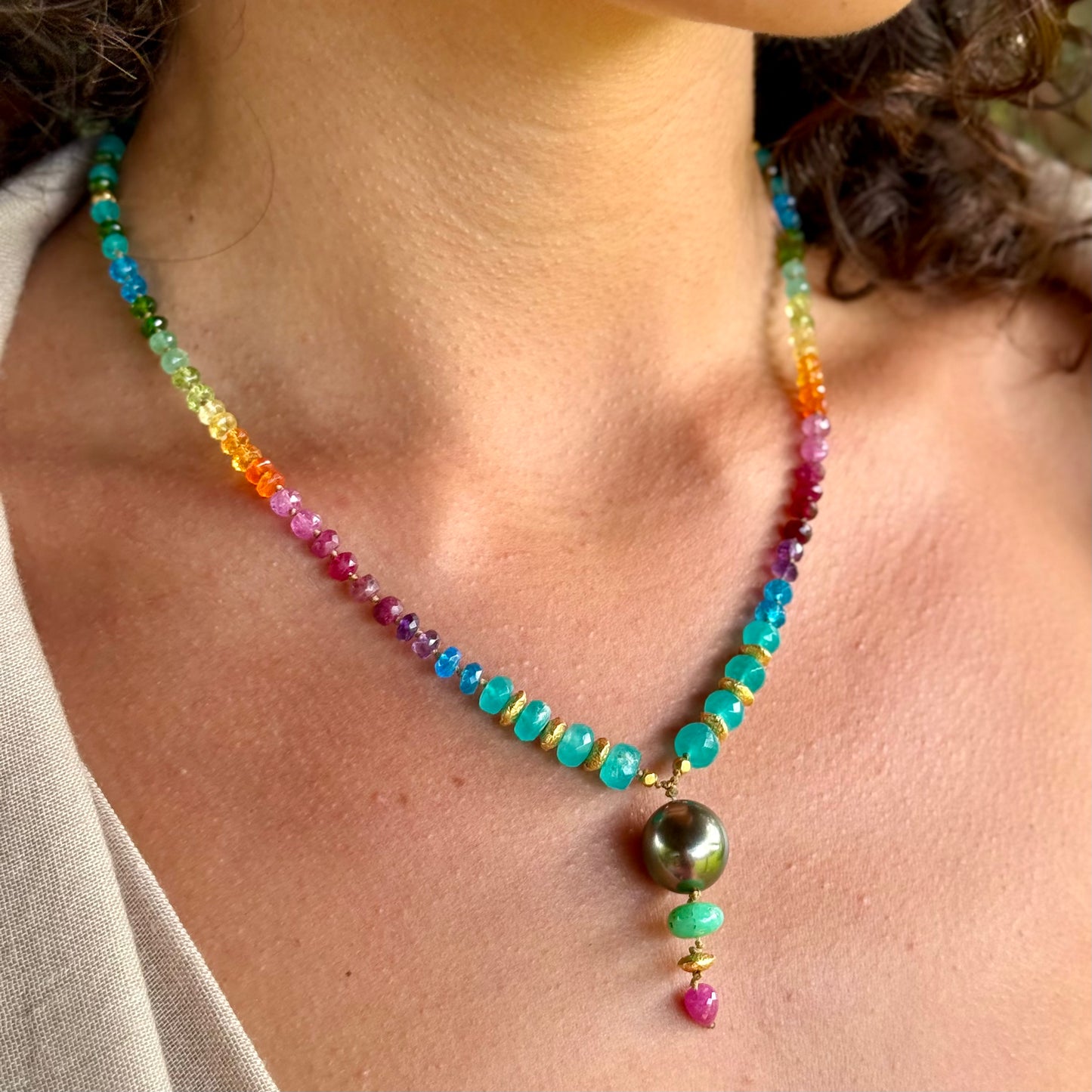 Large Tahitian Pearl with Amazonite & Gold Rainbow Mana