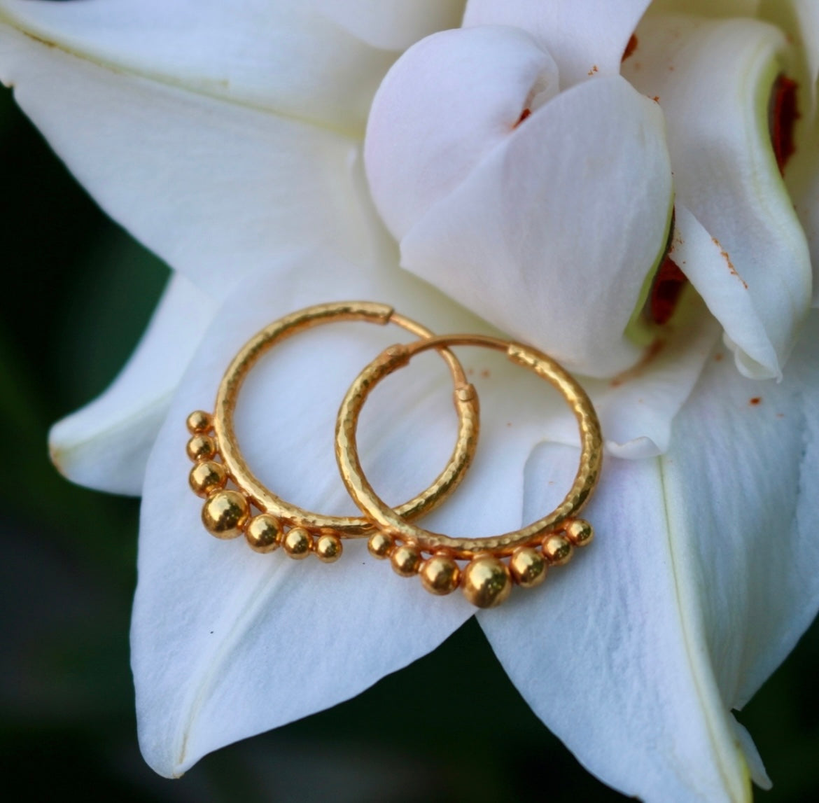 Hand-Hammered Golden Beaded Hoops