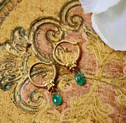 Golden Droplet Hoops with Emerald, Baby (15MM)