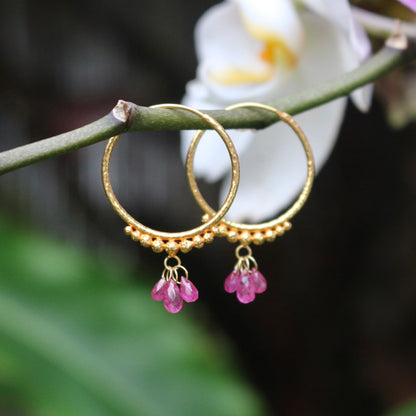 Hand-Hammered Golden Droplet Hoops with Rubies