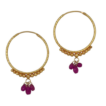 Hand-Hammered Golden Droplet Hoops with Rubies