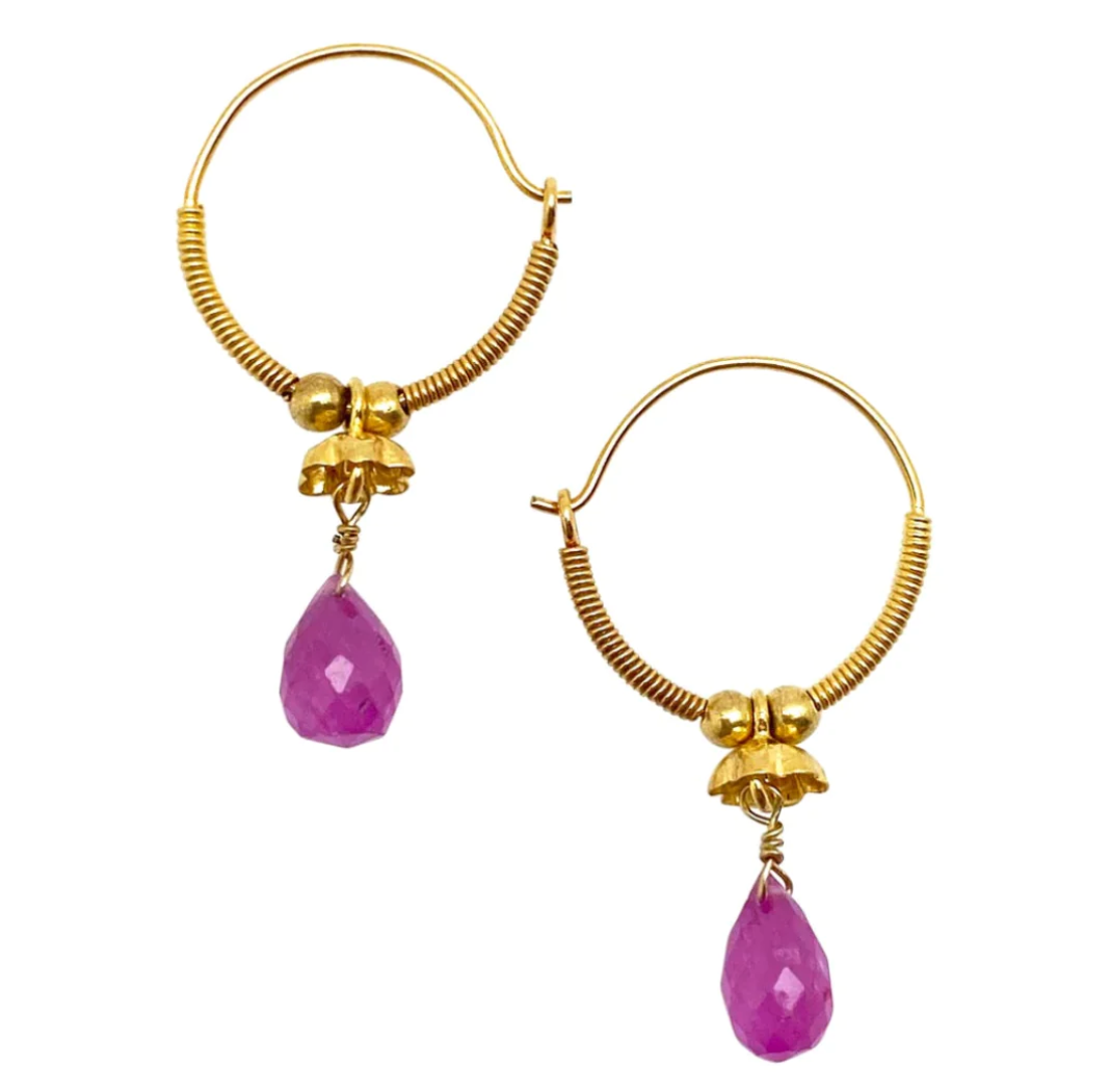 Golden Droplet Hoops with Rubies, Baby (15mm)