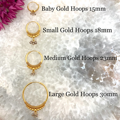 Golden Droplet Hoops with Natural Diamond Cluster, Baby (15mm)