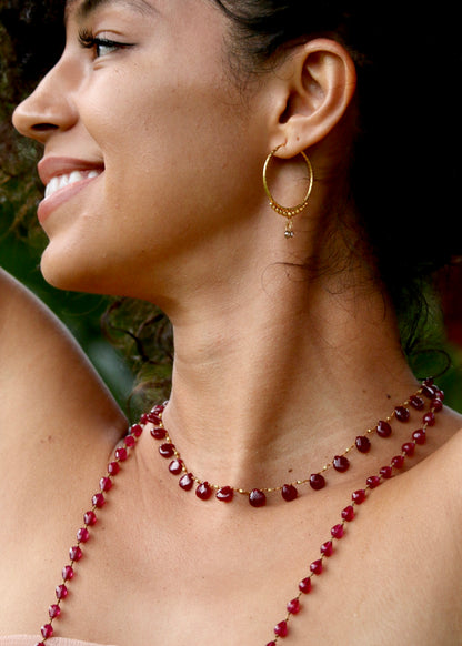 Hand-Hammered Golden Droplet Hoops with Dark Diamonds