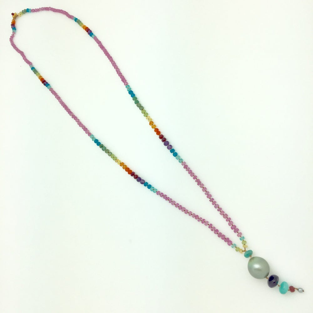 Big Tahitian Pearl and Pink Sapphire Long Rainbow Lei