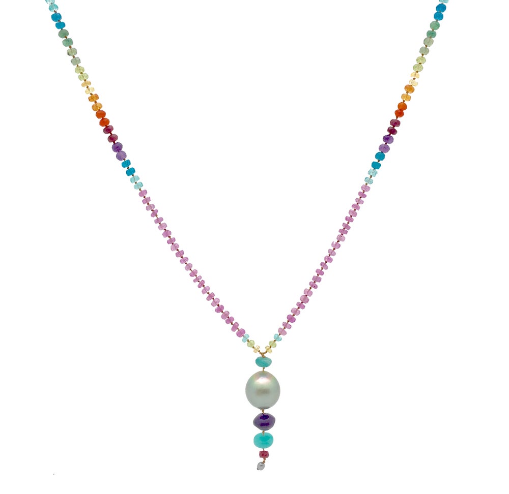 Big Tahitian Pearl and Pink Sapphire Long Rainbow Lei