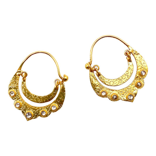 Crescent Dangle Gold Hoops with Studded Diamonds