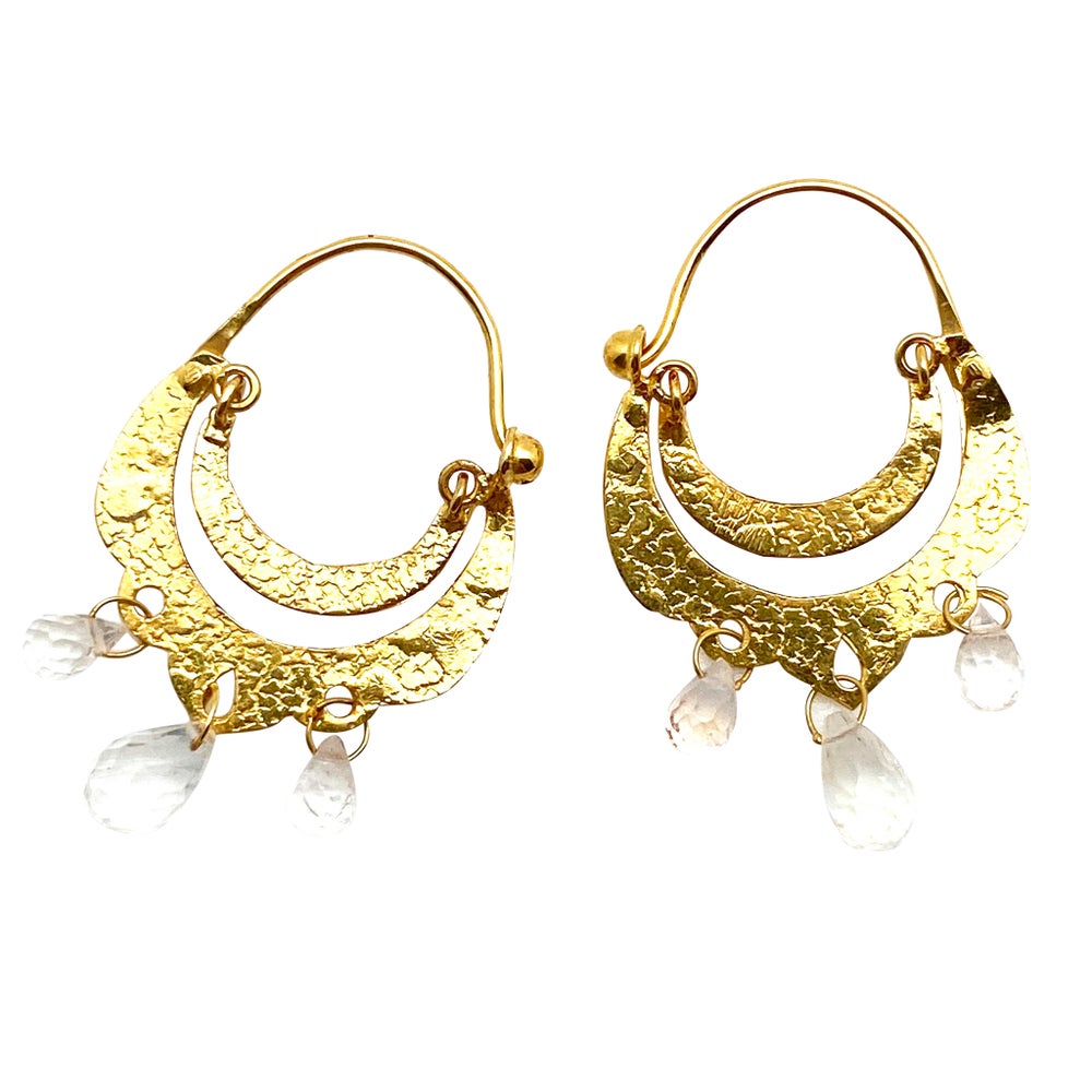 Crescent Dangle Gold Hoops with Moonstones