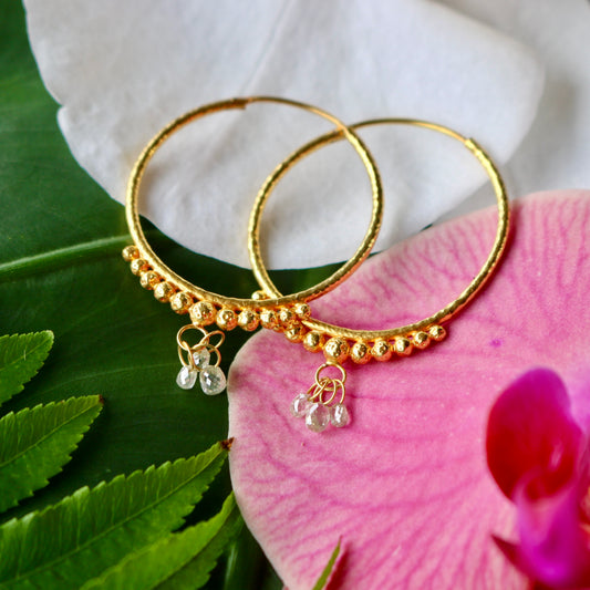 Hand-Hammered Golden Droplet Hoops with Light Diamonds