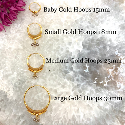 Golden Droplet Hoops with Pastel Sapphires, Medium (21MM)