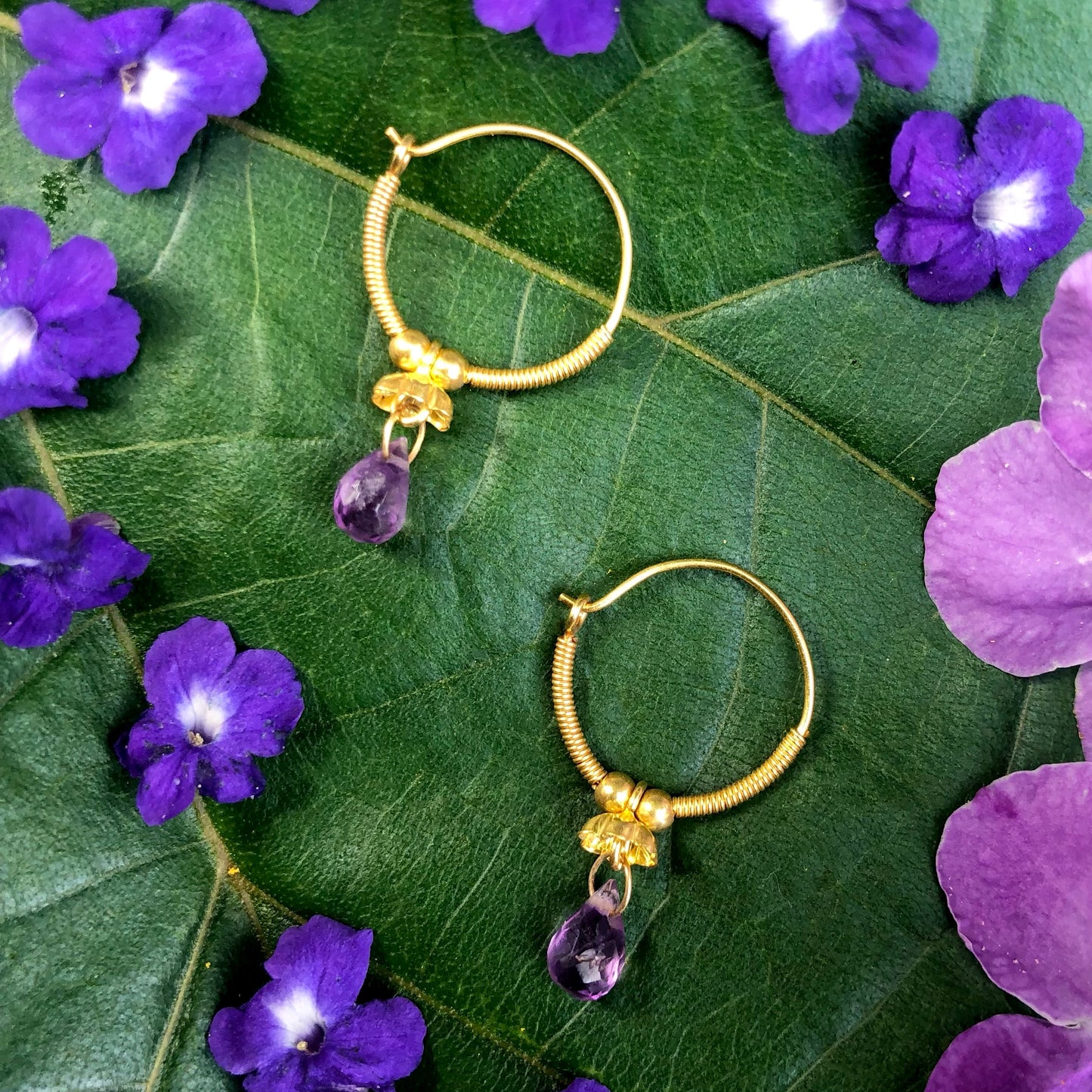 Golden Droplet Hoops with Amethyst, Baby (15MM)