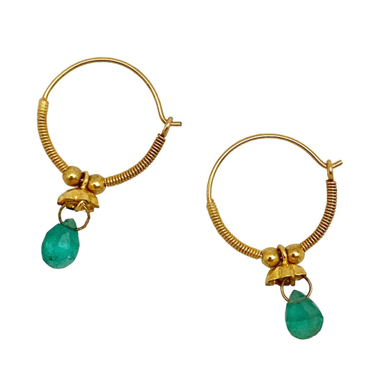 Golden Droplet Hoops with Emerald, Baby (15MM)