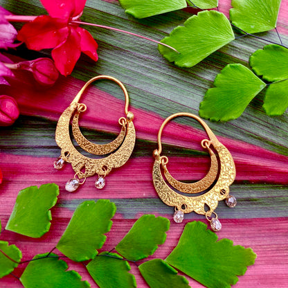 Crescent Dangle Gold Hoops with dangling Diamonds