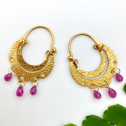 Crescent Dangle Gold Hoops with Rubies