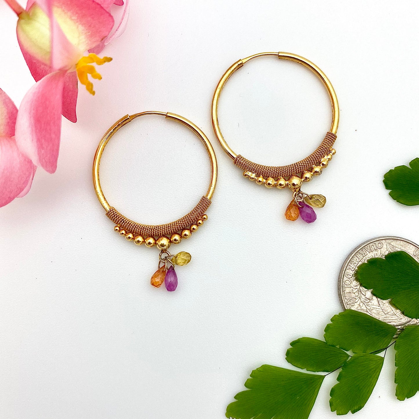 Golden Droplet Hoops with Sunset Sapphires, Large (30MM)