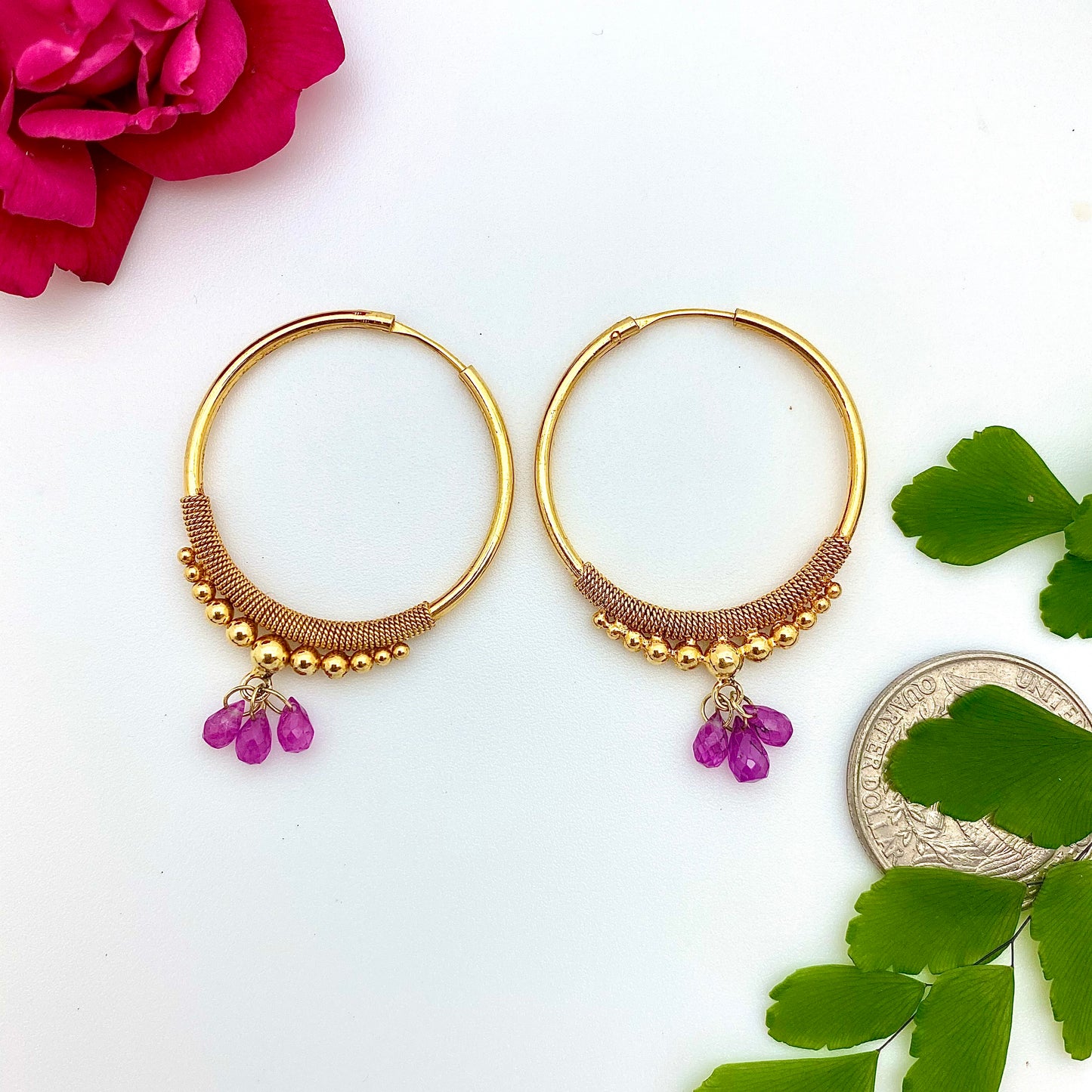 Golden Droplet Hoops with Rubies