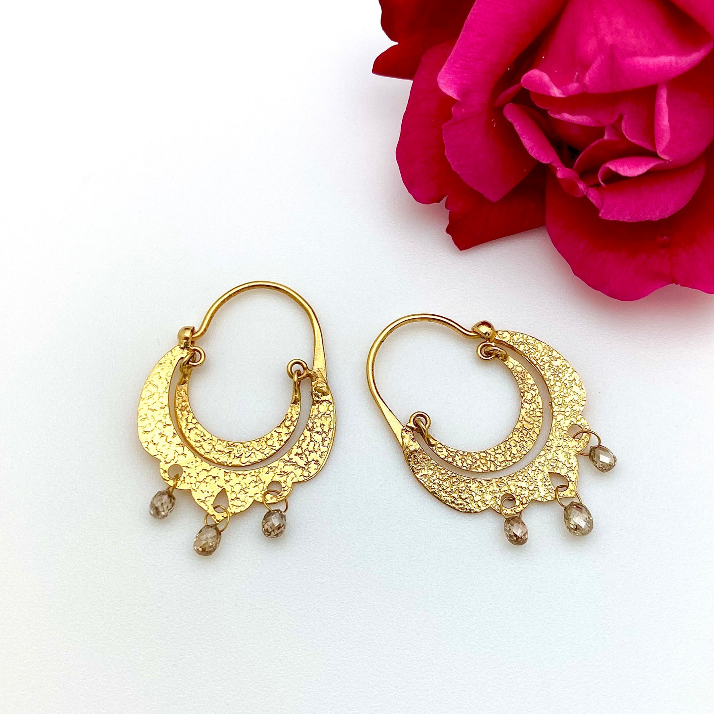 Crescent Dangle Gold Hoops with dangling Diamonds