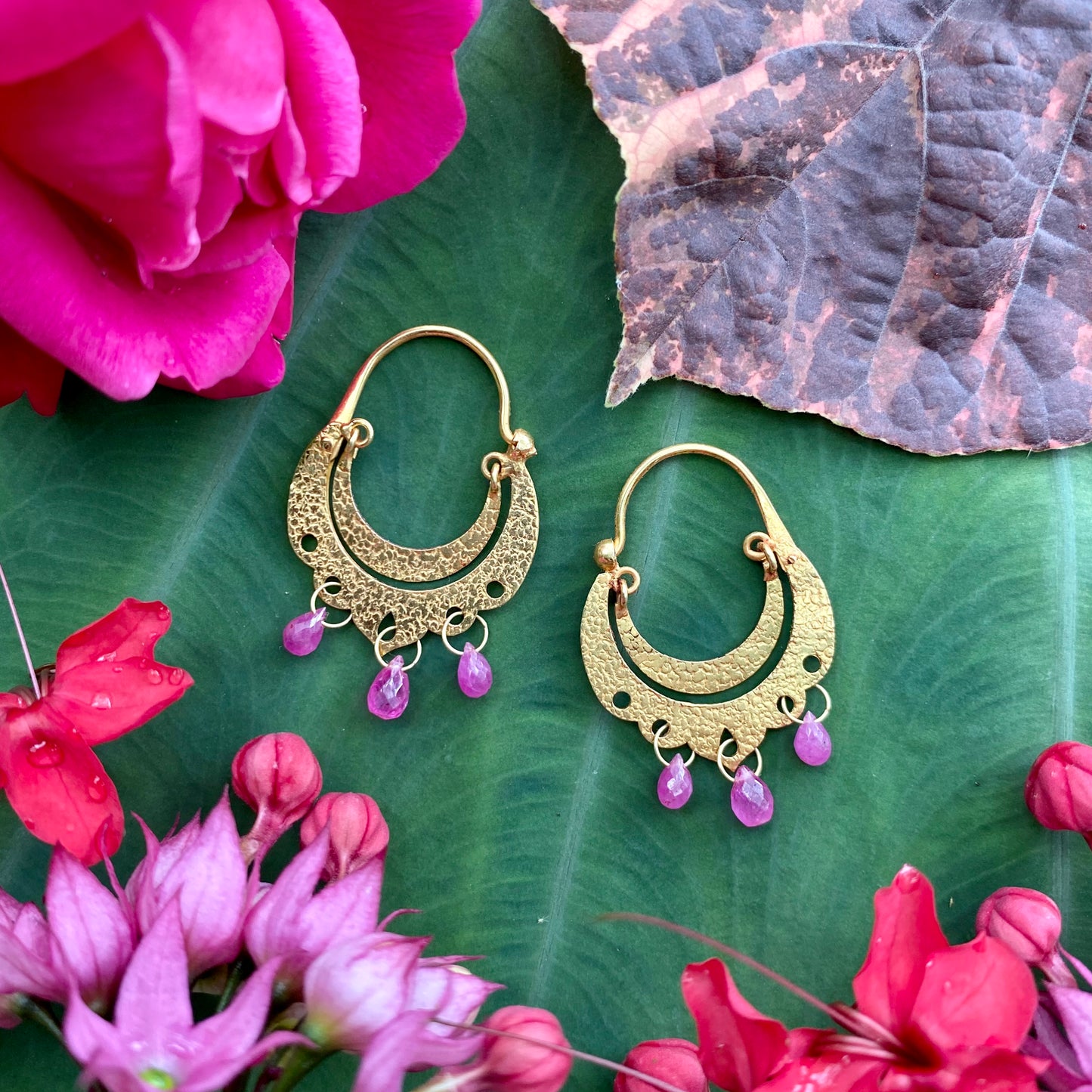 Crescent Dangle Gold Hoops with Rubies