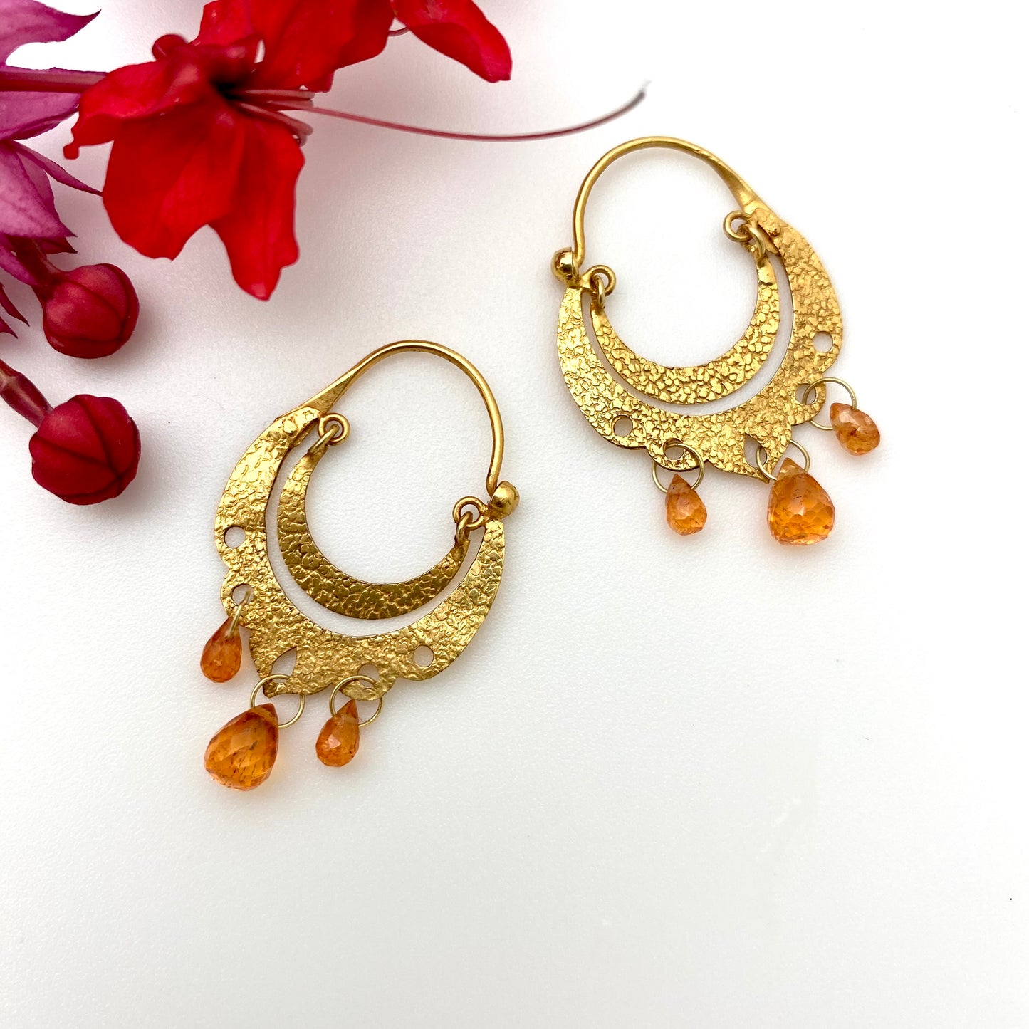 Crescent Dangle Gold Hoops with Golden Sapphires
